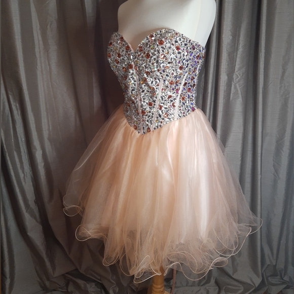 Bejeweled peach sweetheart short full skirt prom / party dress Goya London 10-12 - Picture 5 of 16